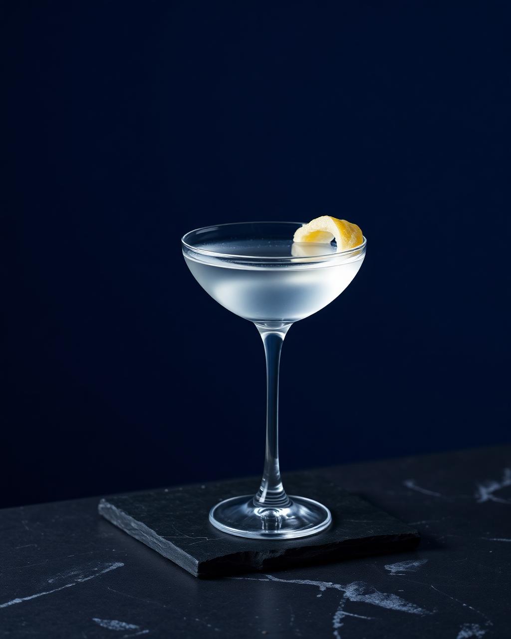 Iskall martini i coupeglas med citronskal